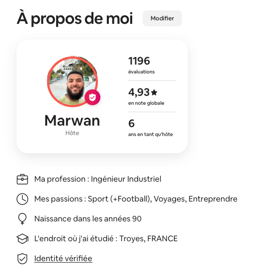 Profil Airbnb de Marwan — 1196 évaluations, 4,93 étoiles, 6 ans hôte